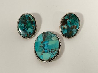B Piaso Jr Sterling/Turquoise Brooch & Ear Rings