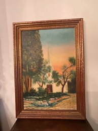 Antique Oil Painting Of Church - Signed Al Harlan