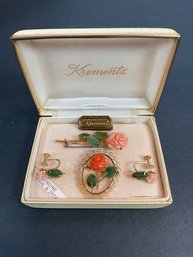 Vintage Krementz Coral & Jade Brooch, Ear Rings & Pin