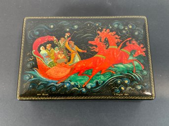 Russian Black Lacquer Trinket Box - Hand Painted