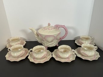 Belleek  Porcelain Pink 'Sea Shell' Tea Pot & 6 Cups & Saucers