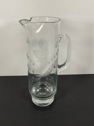 Vintage Etched Tall Glass Pitcher -