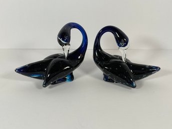 Pr Of Cobalt Blue Glass Swans By Kreiss/Japan