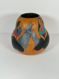 Hand Painted Native American Gourd - Signed Leena, 'With The Wolves'