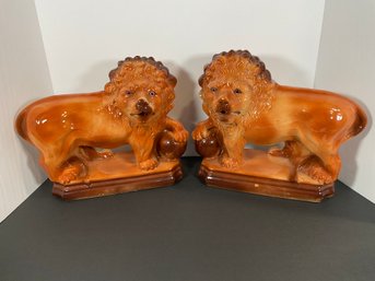Rare Pr Early 20th C Pottery Medici Lions / L & S  - (DM)