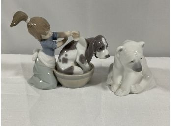 2- Lladro Porcelain Figures - Bashfull Bather & Polar Bear