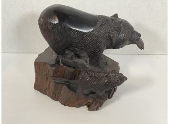 Wood Carved Bear And Cubs - Rosewood