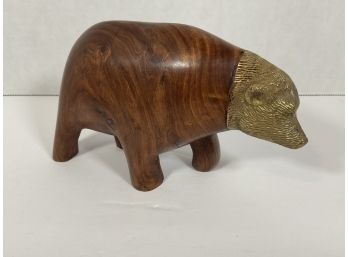 Carved Wood Bear W/ Brass