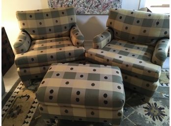 Set Of Two Custom Upholstered Chairs And Ottoman