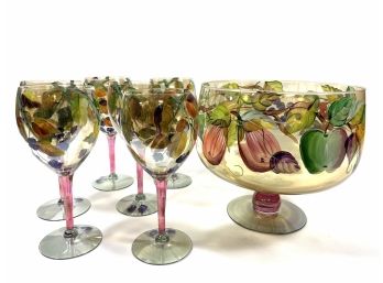 Antique Hand-painted Sangria Bowl & Glasses
