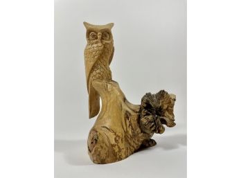 Burlwood Owl Sculpture Hand-Carved From A Single Piece Of Wood