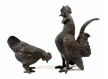 Vintage Solid Bronze Quail & Rooster