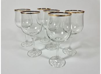 Set Of Six Crystal Gold Rim Wine Goblets