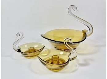 Antique Lot Of 3 Duncan Miller Blown Glass Swan Candle Holders & Bowl