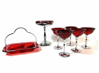 Ruby Colored Sorbet Glasses & Candy Dish