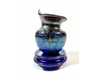 Signed Iridescent Art Glass Vase & Pedestal