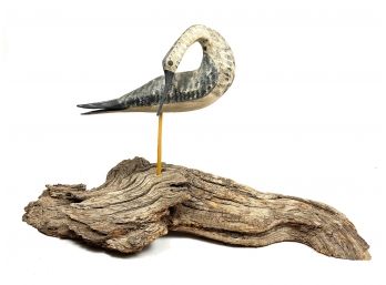 Hand Carved And Painted Bird Sculpture On Driftwood