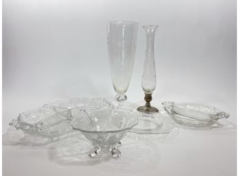 Lot Of Antique Etched Glass - Includes Vases & Dishes