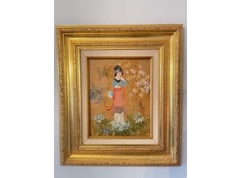 Framed Oil On Cork Painting - Titled 'oriental Maiden'