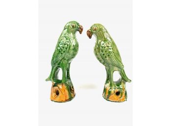 Pair Of Antique Majolica Parrot Sculptures