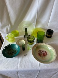 Green Colored Plate And Glassware