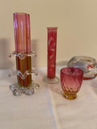 Pink Cranberry Items Including Threaded Vase