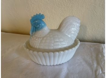 Blue And White Milk Glass Hen And Small Blue Glass Boat