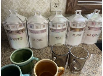 1930 White Block Opalescent Canisters And Mugs