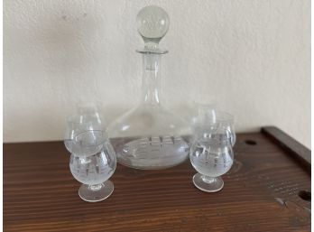 TUSCANY NAUTICAL ETCHED TALL SAILING SHIP DECANTER 6 PIECE CORDIAL GLASSES SET