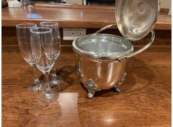 Silver Plate Ice Bucket/ Champagne Bucket And Flutes