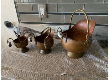 Antique Copper And PorceLin Handle Coal Buckets