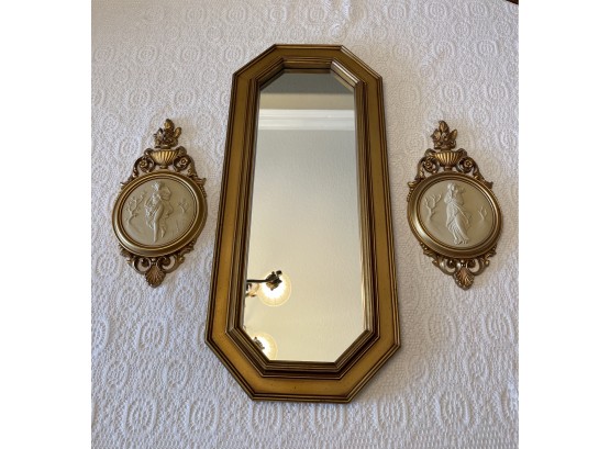 Vintage Pair Gold Tone Wall Plaqus And Gold Frames Mirror
