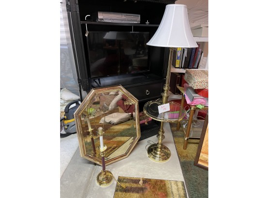Gold Mirror And Side Lamp With Table