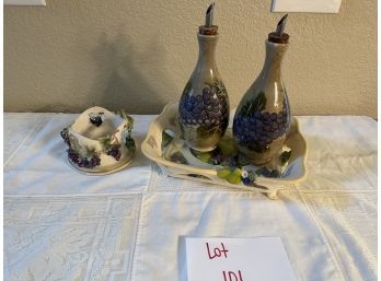 Oil And Vinegar Bottles And Dish Set
