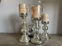 Set Of Mercury Glass Candle Holders, Candles & Gazing Ball