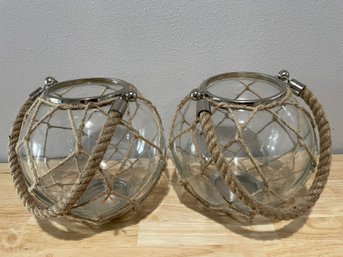 Pair Of Pillar Candle Holders With Rope Handles