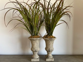 Pair Of Rustic Urns With Artificial Grasses