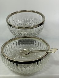 2 Vintage MCM Glass Bowls With Silver Rims & Serving Utensils
