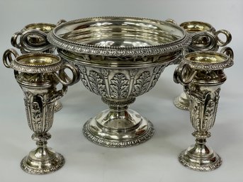 Antique English Sterling Center Bowl W/4 Matching Bud Vases