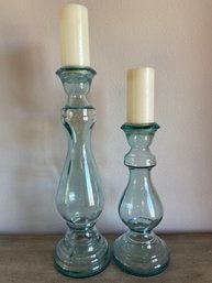 2 Recycled Glass Pillar Candle Holders & Candles