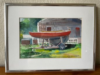 Original Watercolor By RH Schofield Red Boat On Trailer