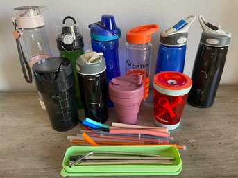 Lot Of Plastic Water Bottles, Drink Containers, & Reusable Straws