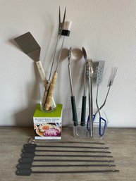 Lot Of Grilling Utensils & Blossoming Onion Rack