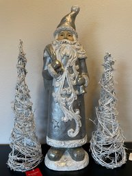 Silver Santa Figure & 2 Trees