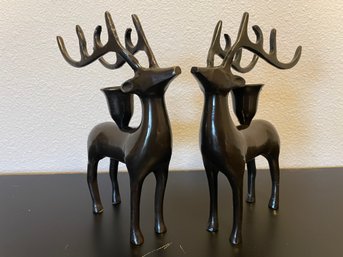 Pair Of Bronze Deer Candle Holders