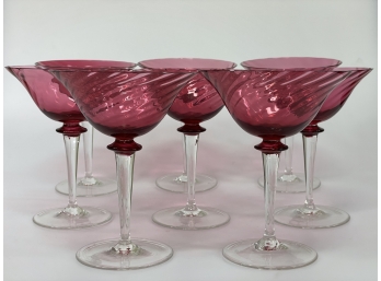 Set Of 8 Antique Cranberry Glass Champagne Glasses