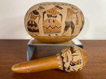 Hand Carved & Decorated Peruvian Gourd & Rattle