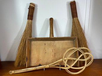 Lot Of Handmade Brooms & Wooden Dust Pan& Rug Beater