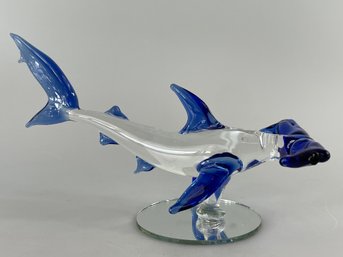 Small Glass Shark Figurine On Mirror Base