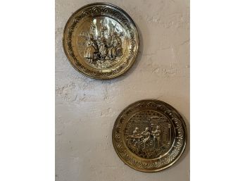 Pair Of Vintage Embossed Brass Wall Hanging Plates